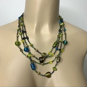 Artisan Four Strand Glass Heart Beaded Necklace Green Blue